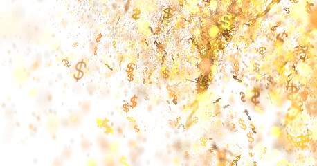 Abstract background of exploding golden dollar signs. Ideal for finance, wealth, and success...
