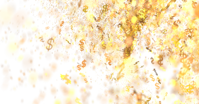 Abstract background of exploding golden dollar signs. Ideal for finance, wealth, and success concepts.