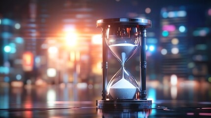 A dark metallic hourglass with silver sand inside glowing softly against a futuristic cityscape