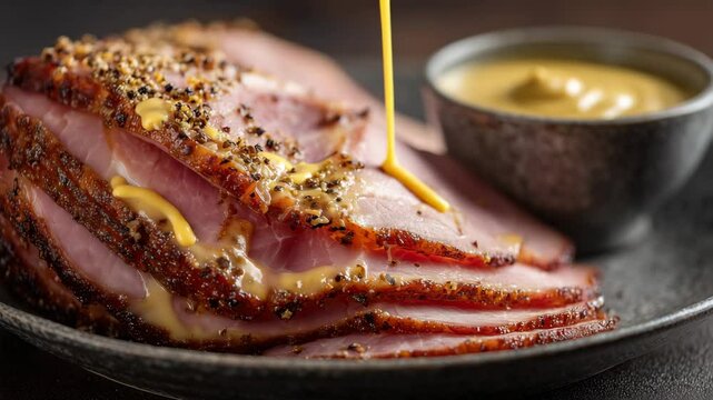 Sliced ham with mustard on side, savory roasted pork slices with seasoning and condiments, rustic food presentation on wooden board with pepper and parsley, close-up studio lighting