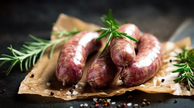 Fresh raw sausages placed on butcher paper with rosemary and spices, rustic meat preparation scene on wooden table