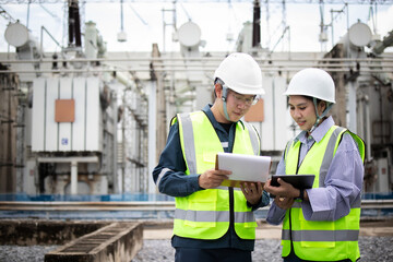 High voltage substation engineer working together reviewing documents with safety helmet and reflective vest in electrical power plant environment