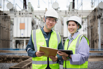 Two engineers working at high voltage substation wearing safety helmet and reflective vest while holding clipboard and tablet with confident smile on their face