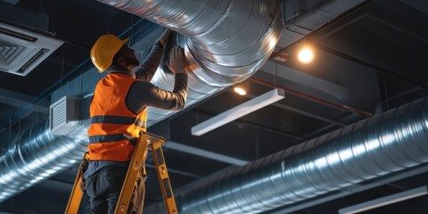Skilled Worker Adjusting Industrial Ventilation Ducts During Daytime Maintenance