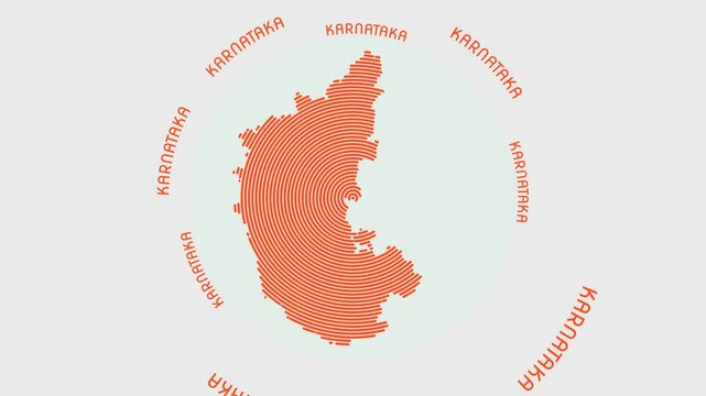 Karnataka shape with dynamic circles visual effect. Animation of Karnataka logo appearing from rotating rings and State name around the shape. Intro, opening, closing, logo video.