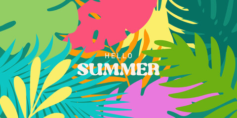 Summer colorful horizontal abstract background with tropical leaves. Botanical jungle leaves and floral frame. Design template for discount, ad, branding, banner, cover, label, poster, sale.