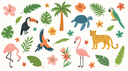 Summer tropical sticker set. Wild animals, leopard, birds, parrot, turtles, tropical leaves and flowers. Flat hand drawn illustration. Summer illustrations on exotic theme.