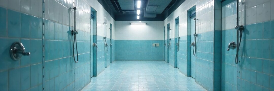 Clean, modern locker room showers with tiled walls and individual shower heads Ready for a refreshing rinse after a workout or swim Perfect for fitness, health, and wellness content , sporty, design