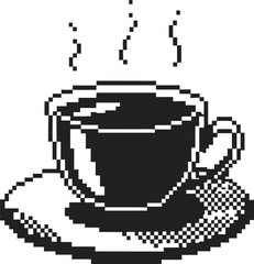 Pixel art coffee cup steaming hot drink on saucer, black and white retro