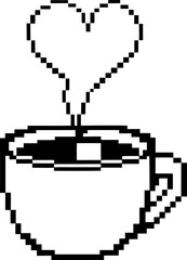 Fototapeta premium Pixel art coffee cup with heart shaped steam, simple black and white design, retro digital