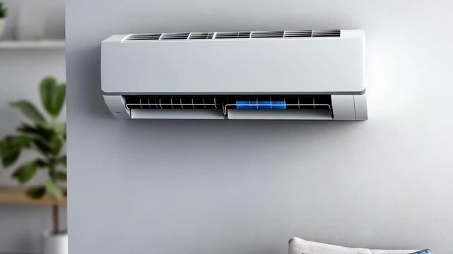 Modern air conditioner in operation cooldown sequence in stylish minimalist living room