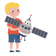 A boy holding a toy space station in his hand