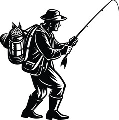 Silhouette of Man Fishing with Rod – Outdoor Angler Vector Illustration
