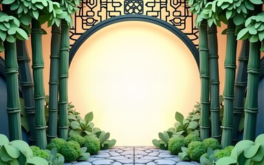 Moon gate paper-cut framing bamboo forest: swastika fretwork lintel with layered green leaves and pebble path for festival decor, garden design, cultural projects, or oriental aesthetic templates