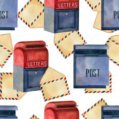 Seamless watercolor pattern on the theme of mail with a white background. Blue and red mailboxes, letters, envelopes. All objects are hand-drawn with watercolors. For printing on paper, fabric.