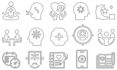 Outline wellness and healthcare icons featuring meditation, mental health, and medical care