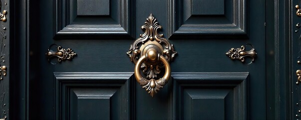 Ornate Victorian-era details on a dark wooden door, including intricate carvings and a brass knocker Perfect for historical, architectural, or design projects , wood, dark