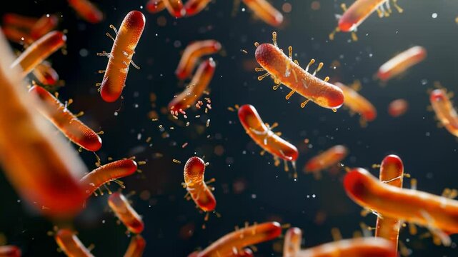 Detailed microscopic view of bacteria cells floating in dark space, with bright, warm lighting and shallow depth of field