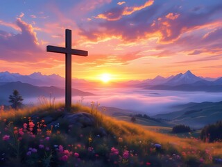 Obraz premium A solemn cross atop a vibrant, wildflower-filled hill, overlooking a misty valley at sunset with mountains in the background.