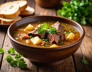 a bowl of beef ribs soup isolated on a wooden table