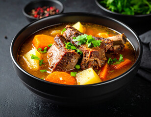 a bowl of beef ribs soup isolated on a wooden table