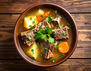 a bowl of beef ribs soup isolated on a wooden background, top view.