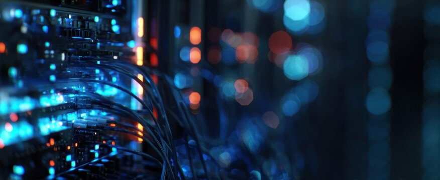 The vibrant glow of server cables in a modern data center.