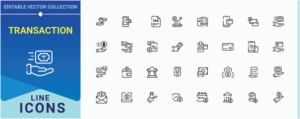 Transaction icon set. Contains related to financial, banking, exchange, pay, bank, finance, wallet and more. Payment line icon set. Icons for UI designs. Pixel perfect. Vector illustration.