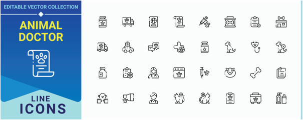 Animal Doctor icon set. It contains symbols to pharmacy, vaccine, veterinary, animal, animal care and more. Pet Vet icon pack. Thin icons set. Editable stroke. Pixel Perfect.