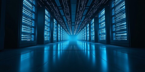 Row of network servers with glowing LED lights., showcasing an advanced and secure data center environment with cutting-edge technology.	
