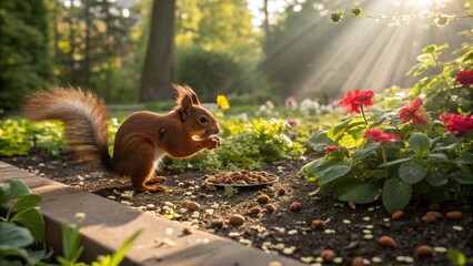 Adorable Red Squirrel Planting  in Garden
