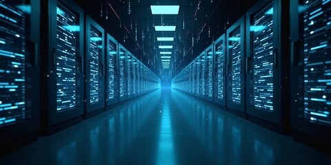 Row of network servers with glowing LED lights., showcasing an advanced and secure data center environment with cutting-edge technology.	
