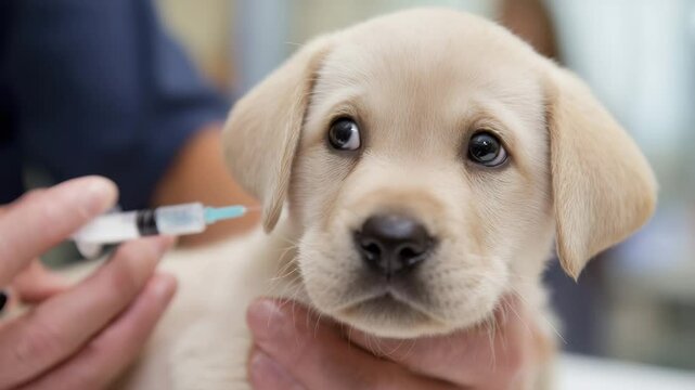 Cute Labrador puppy receiving vaccination shot at veterinary clinic, held gently by vet during injection, health care and immunization for pets