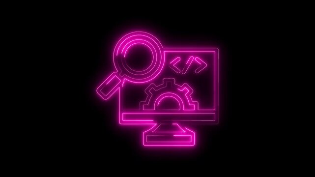 Neon style computer screen with gear and search icon on a black background