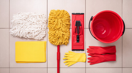 Neatly arranged cleaning supplies with mop and bucket, showcasing professional janitorial organization and efficiency.