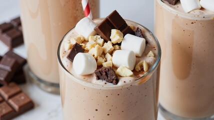 Indulge in a creamy chocolate treat topped with marshmallows, nuts, and a chocolate bar, served in a glass with a straw 