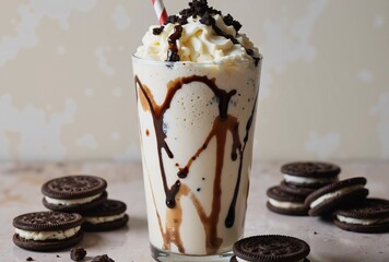 A creamy milkshake in a tall glass is topped with whipped cream, chocolate sauce, and crushed cookies 