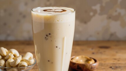 A creamy latte in a tall glass sits on a rustic wooden table, accompanied by a bowl of cashews and a small wooden bowl of peanut butter 