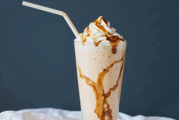 A creamy milkshake topped with whipped cream and drizzled caramel sauce, served in a tall glass with a gold and white striped straw