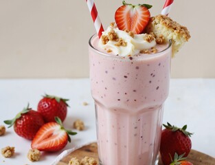 A delightful strawberry milkshake garnished with whipped cream, a fresh strawberry slice, and a crumbly topping, served in a tall glass with a red and white striped straw