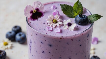 A vibrant blueberry smoothie in a glass adorned with fresh flowers and mint leaves, exuding a refreshing and colorful treat