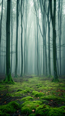 Obraz premium Atmospheric forest scene depicting tall trees in a misty green woodland environment