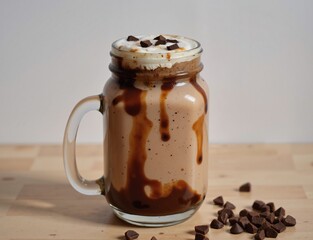 A rich and indulgent beverage sits in a glass jar, topped with a creamy layer and drizzled with caramel sauce