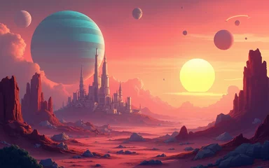 Fotobehang Cartoon alien landscape with planets and futuristic city at sunset. High quality © car