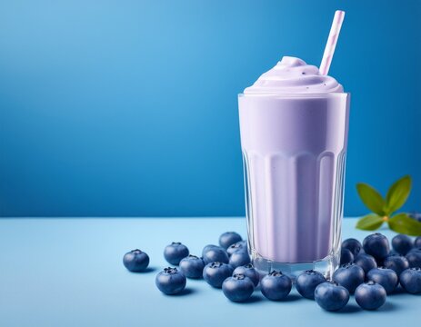 Blueberries milkshake on a pastel blue background with copy spaceGenerated image