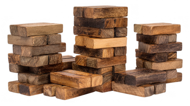 Wooden blocks carefully stacked, creating a challenging balancing game with a transparent background, offering a playful and strategic concept