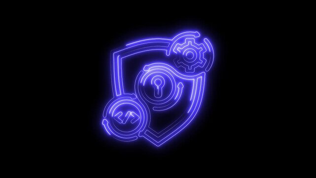 Neon style digital security shield with keyhole gear and coding arrows on black backdrop