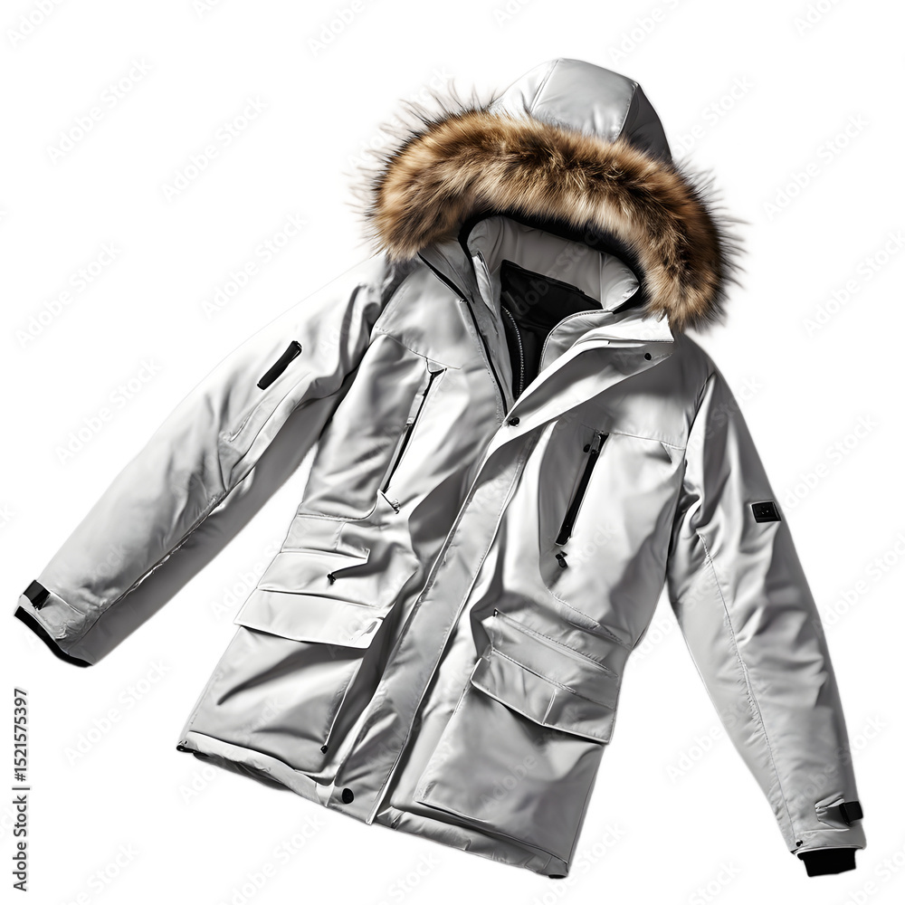 Poster insulated parka with hood and fur lining, isolated on a empty plain background