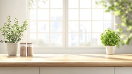 Fototapeta premium Modern kitchen background, minimalist white cabinets, wooden countertop.