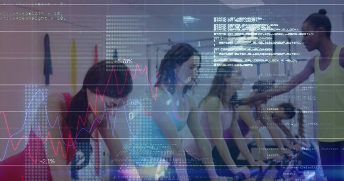 fitness instructor adjusting shoulder alignment, causing group pedaling with metrics overlay